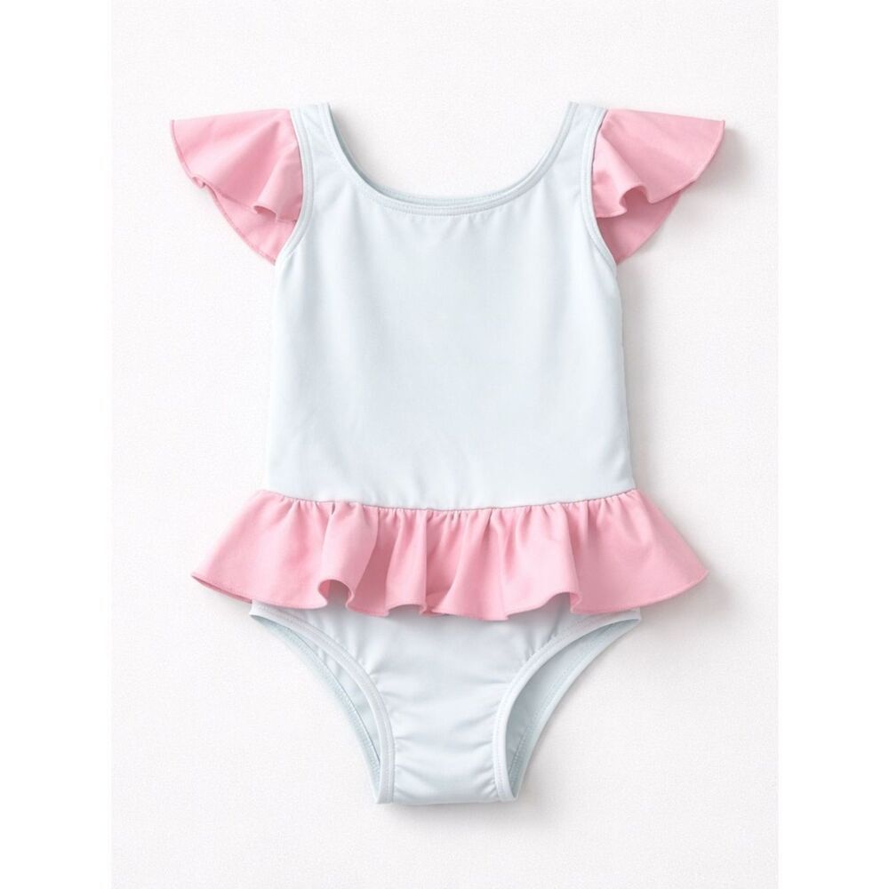 The BeaufortโBonnet Company Pale Blue and Pink Ruffle and bows one piece swim